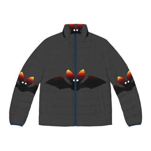 Colorful and abstract puffer jacket featuring a legendary bat animal design