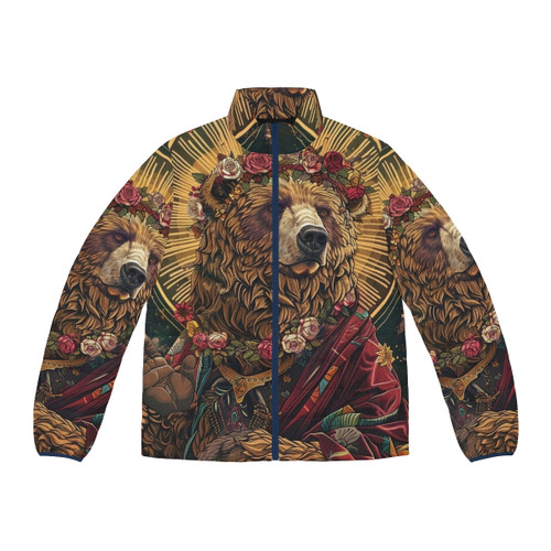 A person wearing a sustainable, eco-friendly puffer jacket with a feminist design