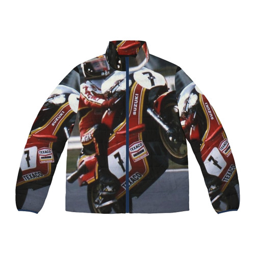 Barry Sheene Inspired Puffer Jacket with Motorcycle and Biker Gear