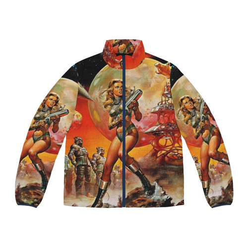Barbarella Queen of the Galaxy Puffer Jacket featuring a colorful, cinematic space travel design