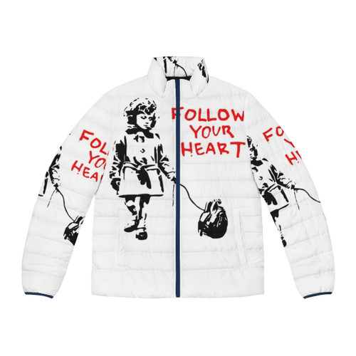 Banksy inspired "Follow Your Heart" puffer jacket featuring the iconic Banksy street art design