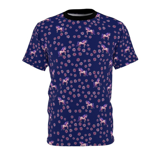 A t-shirt featuring a magical, fantasy unicorn surrounded by a beautiful, retro-inspired floral print