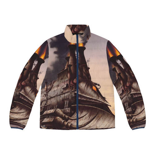 Heavy metal puffer jacket with steampunk and fantasy design elements