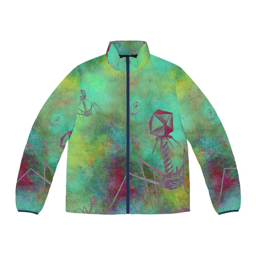 Bacteriophage Invasion Puffer Jacket featuring a vibrant illustration of a bacteriophage virus