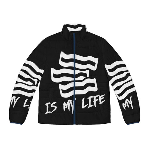 Bacon puffer jacket with intricate bacon designs