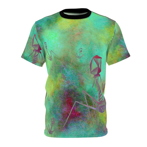 Illustration of a bacteriophage virus invading a bacterial cell on a science-themed t-shirt
