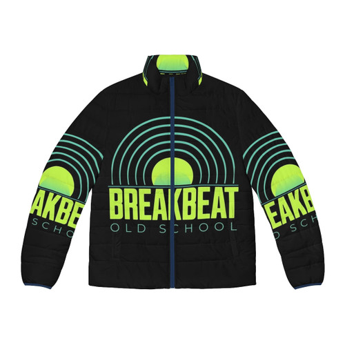 Lime blue puffer jacket with old school breakbeat records design