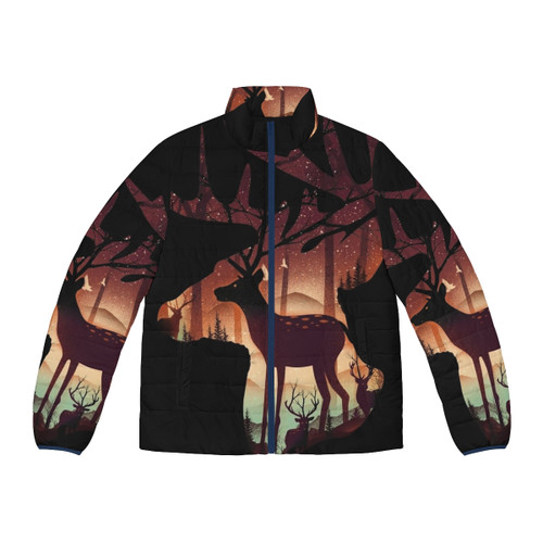 Mystical deer puffer jacket with nature-inspired design