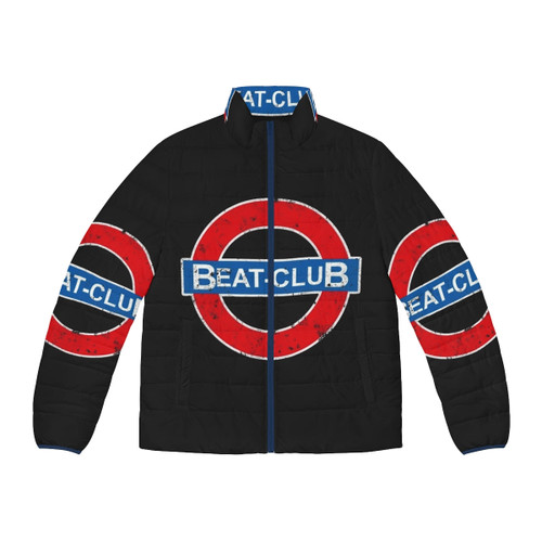 A vintage-inspired puffer jacket featuring the "Beat Club" logo, perfect for music lovers and retro fashion enthusiasts.
