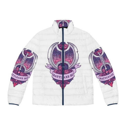 Bi Pride Puffer Jacket with Floral and Battleaxe Design