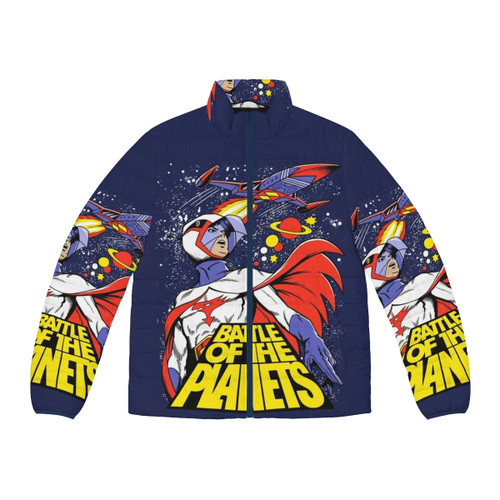 Battle Of The Planets anime-inspired puffer jacket with sci-fi design