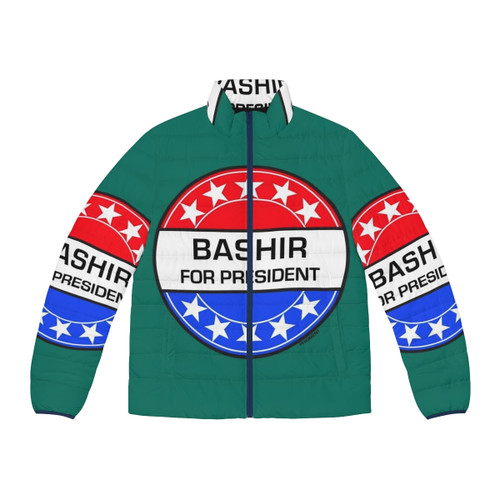 Sci-Fi Puffer Jacket with Star Trek Inspired Graphics and 'Bashir For President' Design