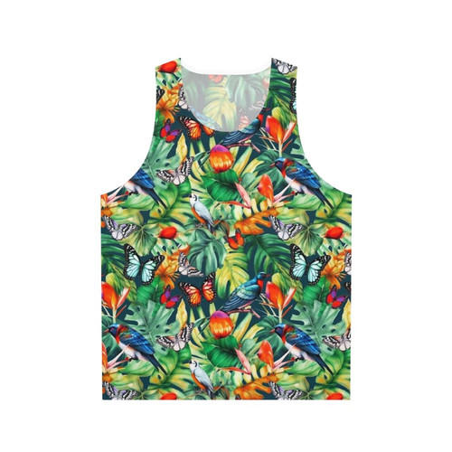 Tropical watercolor tank top with birds and monstera leaves