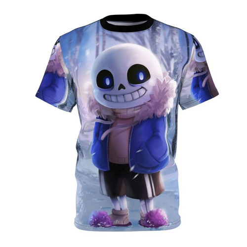 Mockup of a gray t-shirt with a stylized image of the character Sans from the video game Undertale