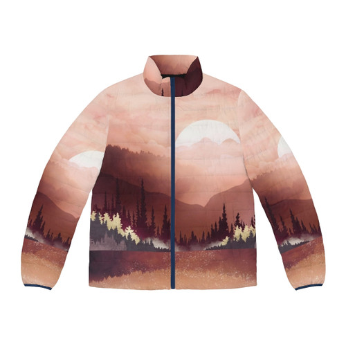 Autumn River Nature-Inspired Puffer Jacket with mountains, trees, and water