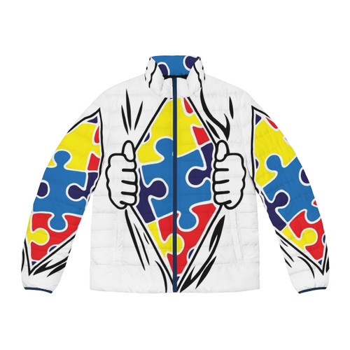 Autism Superhero Puffer Jacket with cool, awesome, and witty design for kids with autism