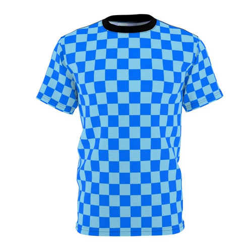 Fashionable t-shirt with a baby blue and brandeis blue checkered pattern design