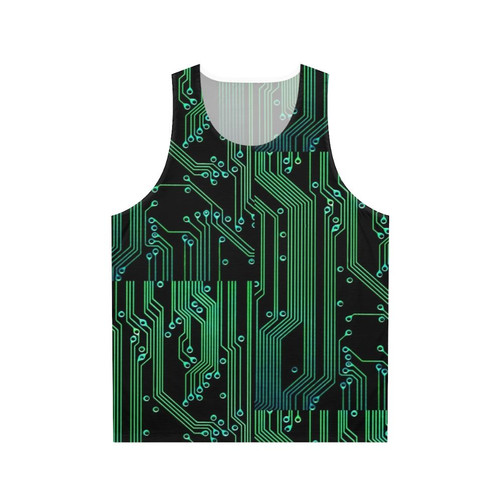 Cyberpunk-inspired unisex tank top with circuitboard design