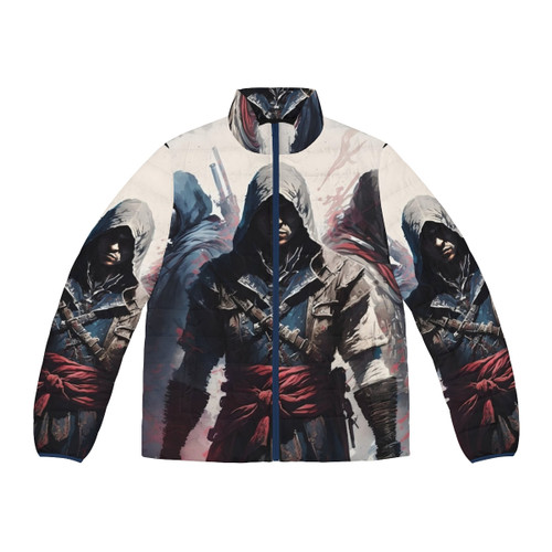 Assassin's Creed inspired puffer jacket featuring the iconic painting of the three assassins