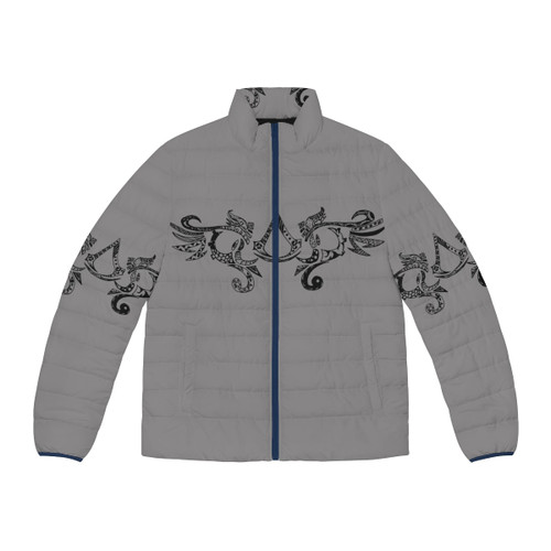 Black puffer jacket with Assassins Creed tribal pattern design