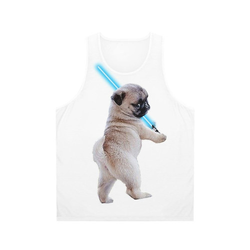 Pug wearing a tank top and holding a lightsaber