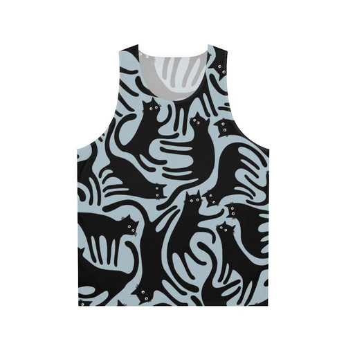 Black cats on a blue tank top with a seamless pattern design
