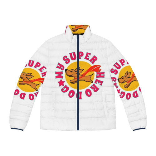 Superhero dog wearing a puffer jacket with a special design
