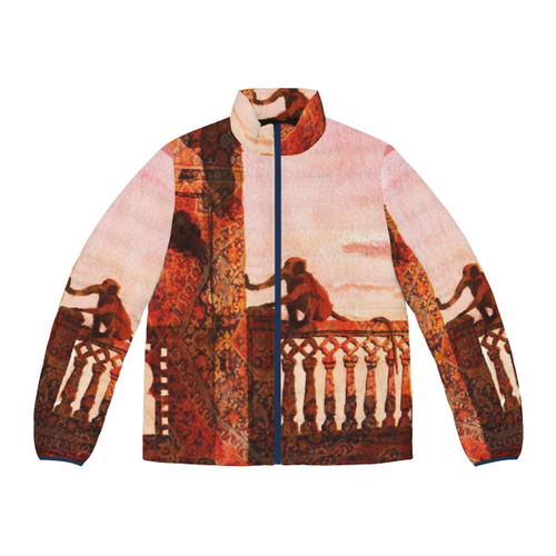 Puffer jacket featuring iconic Arctic Monkeys artwork and watercolor legendary animals from Rajastan
