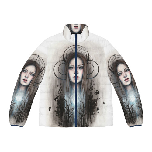 Artemis Acrylic & Ink Painting Puffer Jacket with surreal nature goddess design