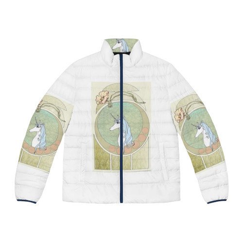 Art Nouveau-inspired puffer jacket featuring the iconic unicorn from "The Last Unicorn"
