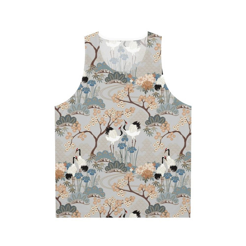 Unisex gray tank top with Japanese garden floral and crane bird design