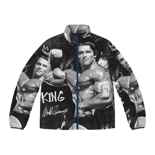 Arnold Schwarzenegger wearing the King Puffer Jacket for bodybuilding and fitness