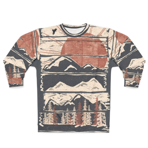 Person wearing winter sweatshirt in snowy mountain scenery