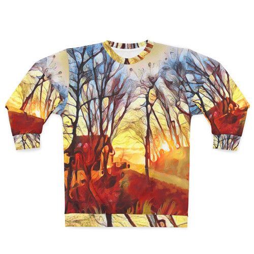 Cozy winter dawn sweatshirt with Izu mountain landscape digital art design