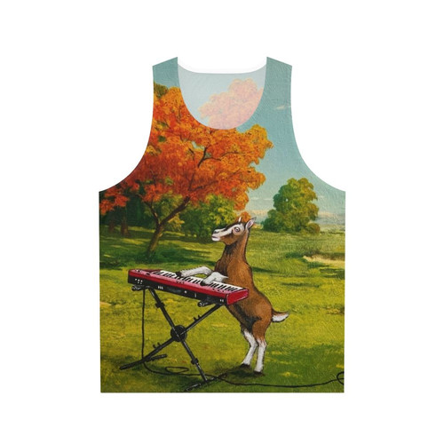Unisex tank top with meadow landscape and keyboard graphics