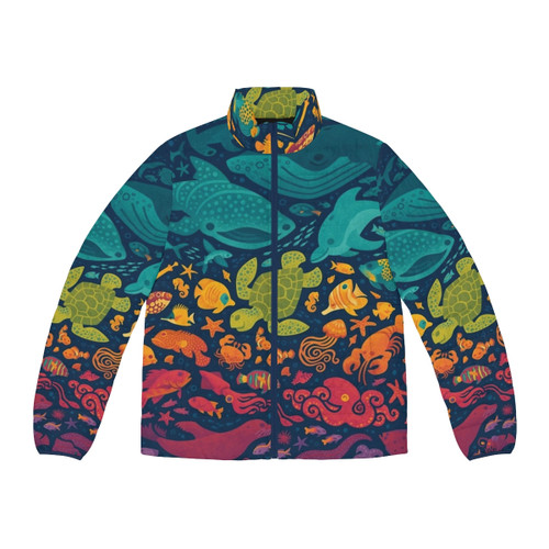 Colorful puffer jacket with vibrant marine life design including fish, whales, turtles, and other sea creatures