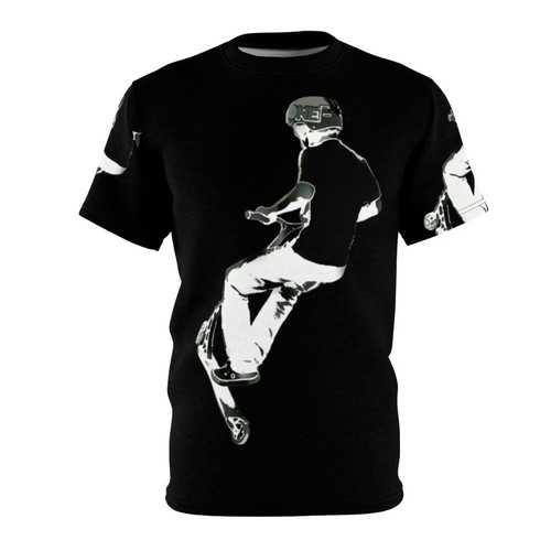 Model wearing a graphic t-shirt showcasing stunt scooter tricks