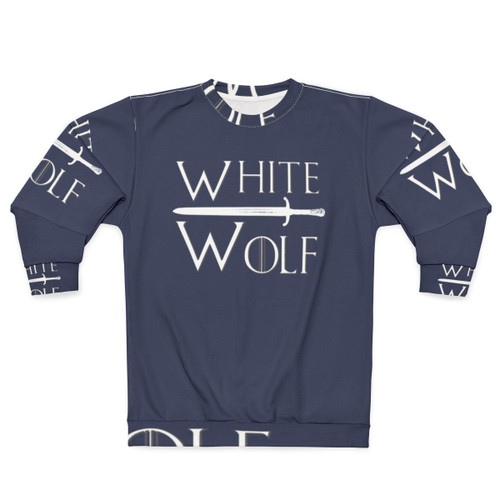 A white sweatshirt with a wolf design, perfect for Game of Thrones fans