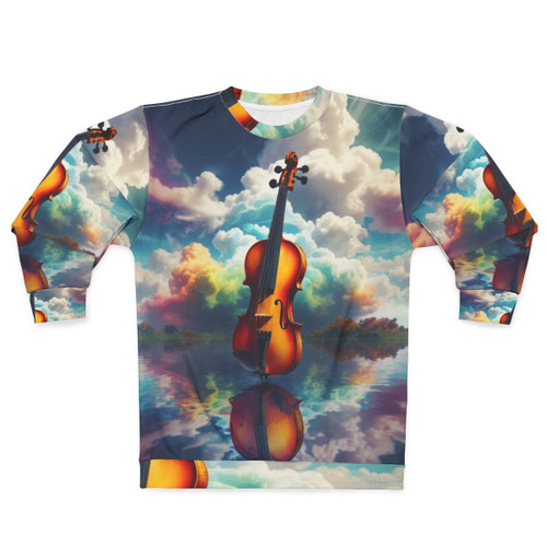 Nature-inspired sweatshirt with landscape silhouette and water reflection design