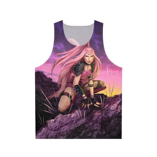 Pink unisex warrior-inspired tank top with fantasy art design