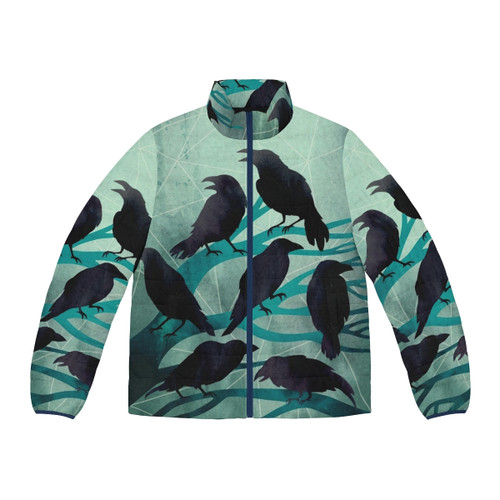 Watercolor puffer jacket featuring a raven design