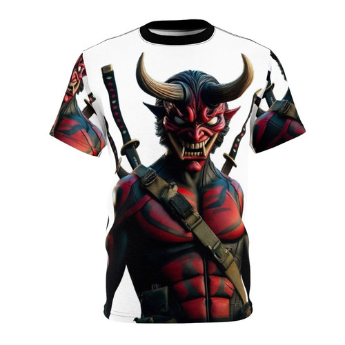 Striking t-shirt design featuring a demonic superhero character with anime-inspired elements