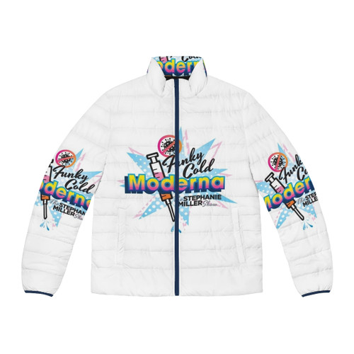 A stylish modern puffer jacket featuring a Covid vaccine design, perfect for Stephanie Miller show fans.