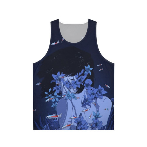 Unisex tank top with anime-inspired water and floral design