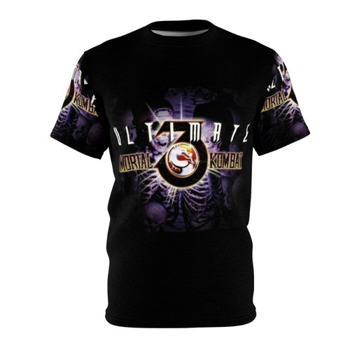 Retro Mortal Kombat 3 graphic t-shirt featuring classic character select screen and arcade cabinet art