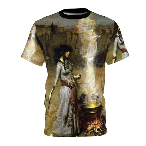 T-shirt featuring the iconic painting "The Magic Circle" by John William Waterhouse, depicting a gothic witch performing a magical ritual.