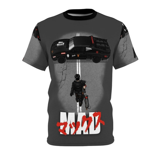 Apocalyptic cyberpunk-inspired t-shirt design featuring elements from the classic Mad Max films