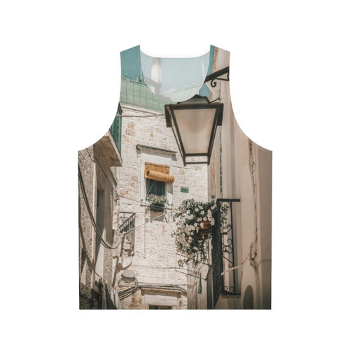 Unisex tank top featuring a stunning Mediterranean landscape from Puglia, Italy