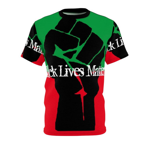 Black power fist raised against a background of the Pan-African flag colors