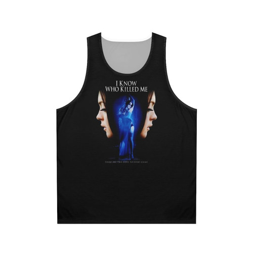 "I Know Who Killed Me" unisex tank top featuring a cult movie poster design